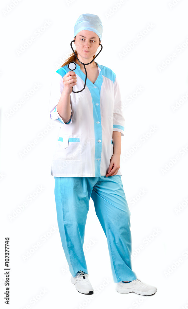 Female doctor with a stethoscope. Full lentgh, Isolated over white background Female doctor with a stethoscope. Full lentgh, Isolated over white background