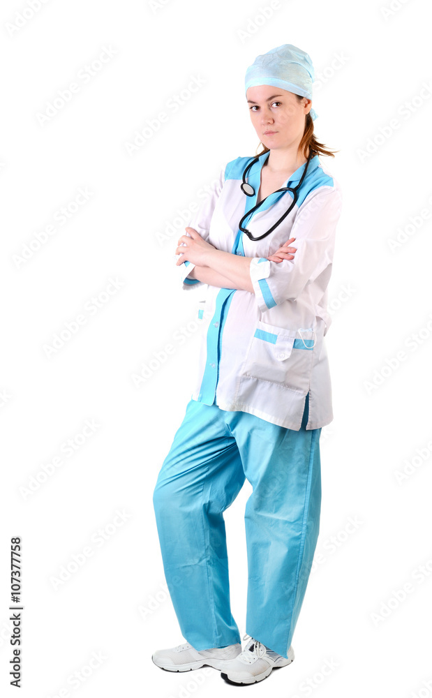 Female doctor with a stethoscope. Full lentgh, Isolated over white background Female doctor with a stethoscope. Full lentgh, Isolated over white background