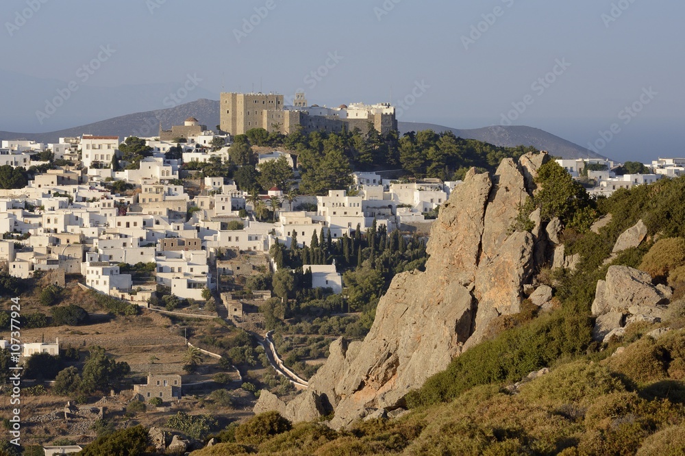 Overview of Chora and the Monastery of St. John the Theologian, Patmos, Dodecanese Islands, Greek Islands, Greece Overview of Chora and the Monastery of St. John the Theologian, Patmos, Dodecanese Islands, Greek Islands, Greece