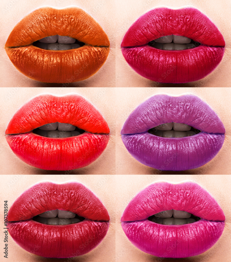 Collection: lips red and purple hues. The palette of lipsticks. Close-up Collection: lips red and purple hues. The palette of lipsticks. Close-up