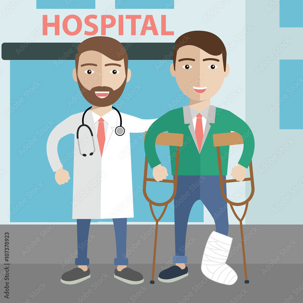 Patient care, injured man in crutches assisted by a doctor Patient care, injured man in crutches assisted by a doctor