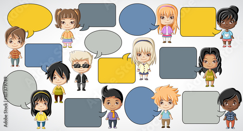Group of cartoon children talking. Manga anime teenagers.