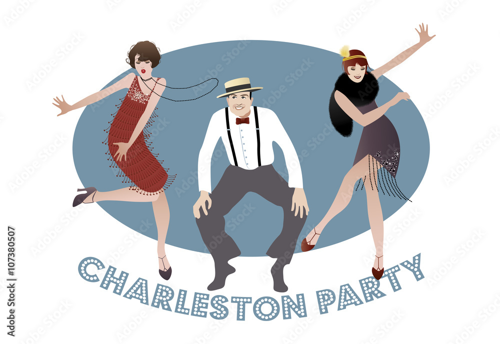Naklejka premium Impreza Charleston. Mężczyzna i śmieszne dziewczyny tańczą charlestona.