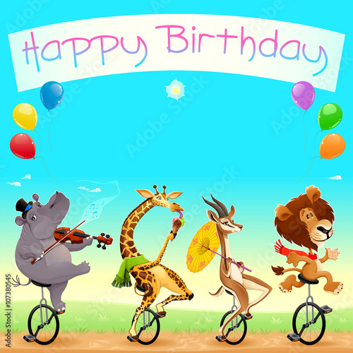 Happy Birthday card with funny wild animals on unicycles