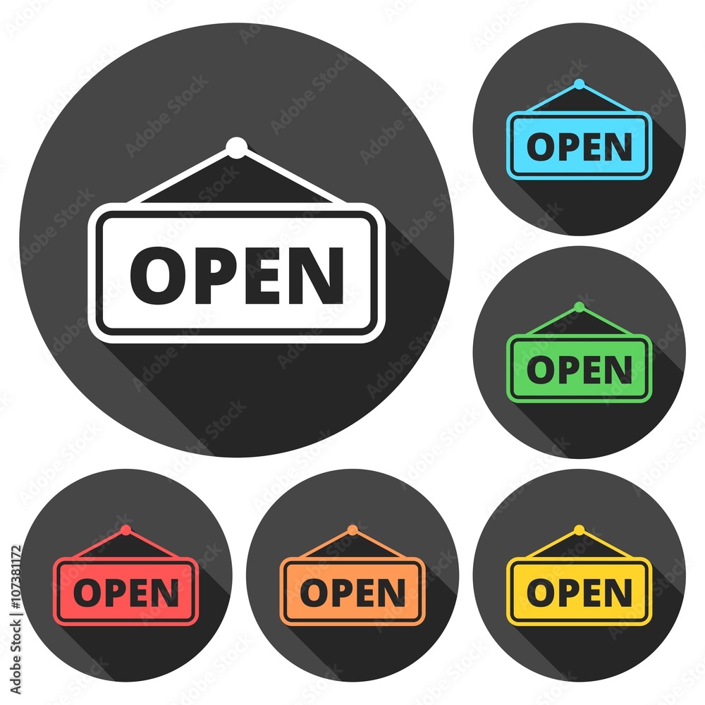 Open sign icons set with long shadow Open sign icons set with long shadow