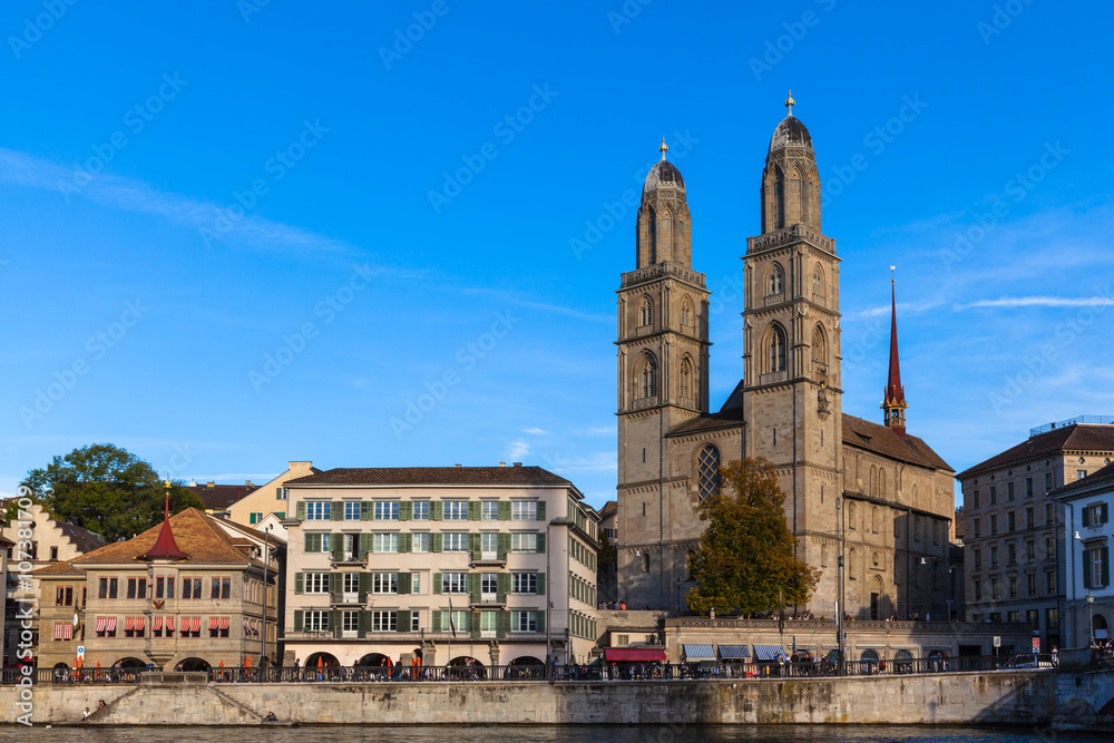 View of Zurich old town and Limmat river at dusk