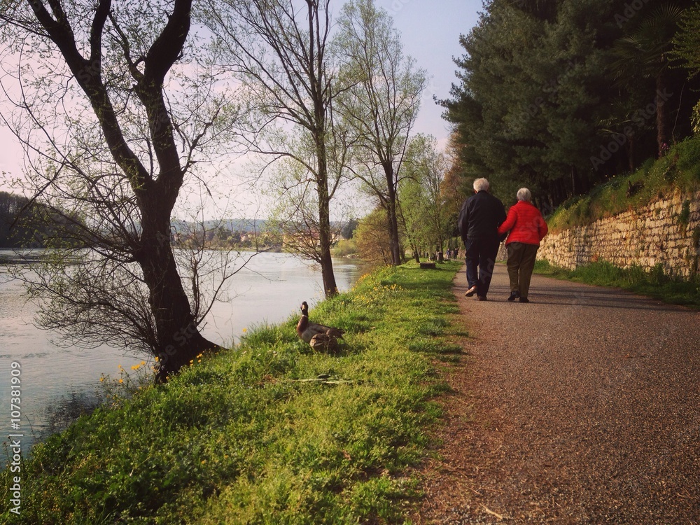 Obraz premium old couple walking riverside - Sesto Calende (italy)