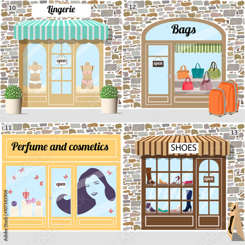Set of  shoes, lingerie, bags,  perfume and cosmetics shop.