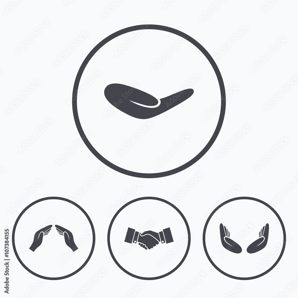 Hand icons. Handshake and insurance symbols. Hand icons. Handshake and insurance symbols.