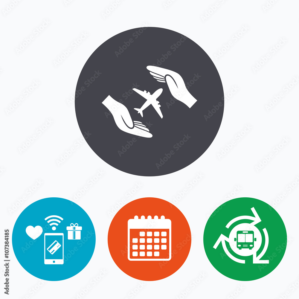 Flight insurance sign. Hands protect cover plane Flight insurance sign. Hands protect cover plane