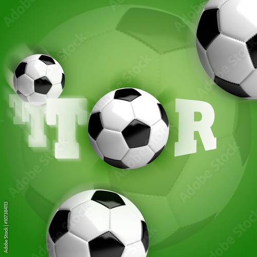 Soccer balls (footballs) in motion on a green background with white lettering "TOR". © SorayaShan