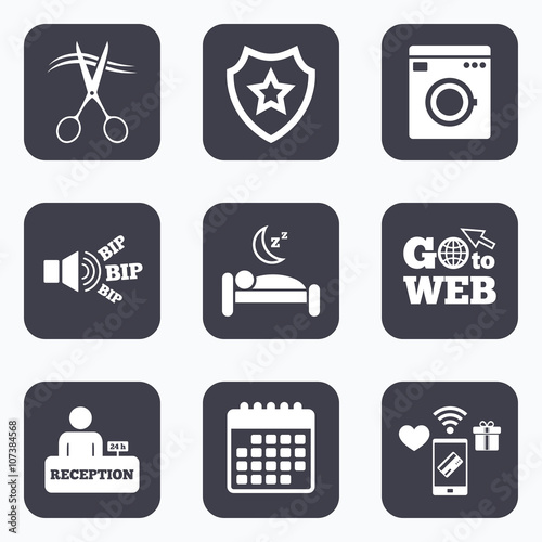 Hotel services icon. Washing machine, hairdresser.