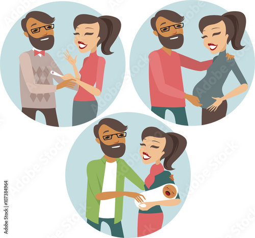 Pregnancy stages in young family flat vector