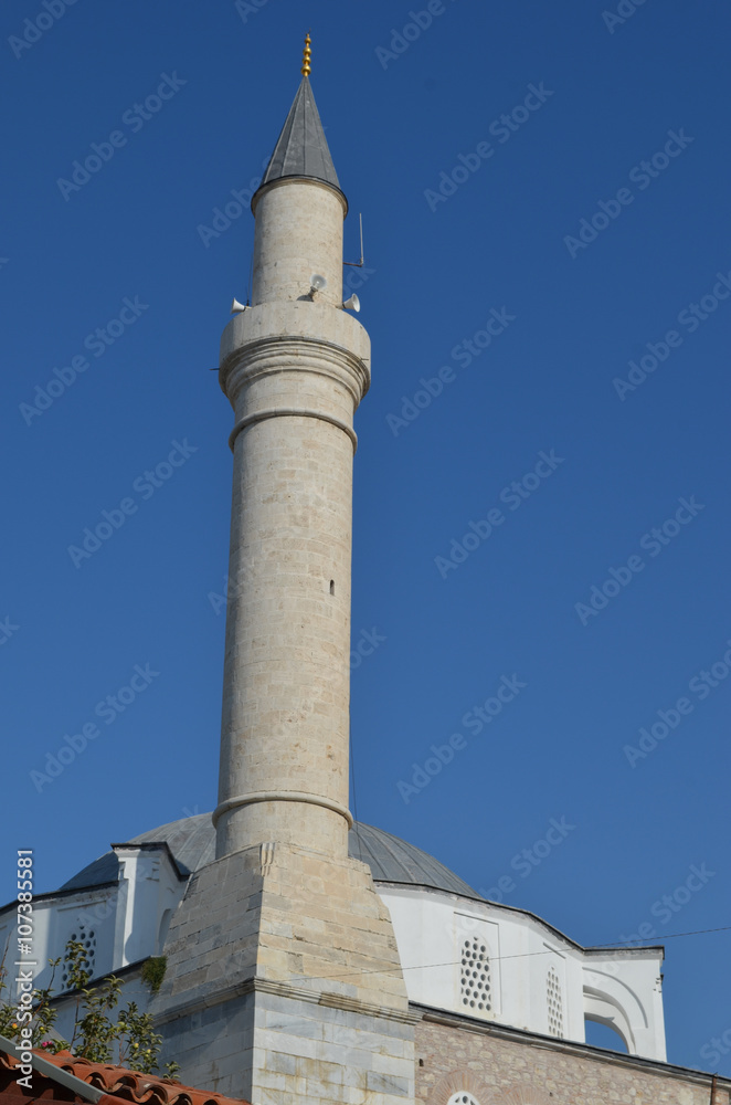 Minaret of the kaleiçi Camı mosque in city of Kusadasi, Turkish Riviera