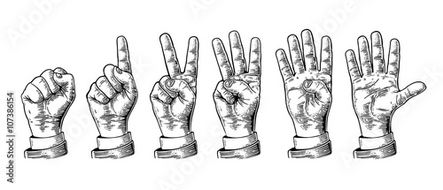 Set of gestures of hands counting from zero to five. Male Hand sign. Vector vintage engraved illustration isolated on white background
