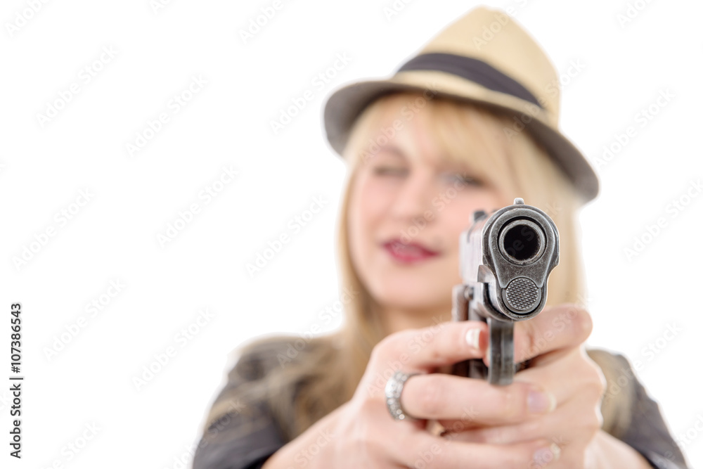 young pretty woman pointing a gun at the camera with one hand, young pretty woman pointing a gun at the camera with one hand,