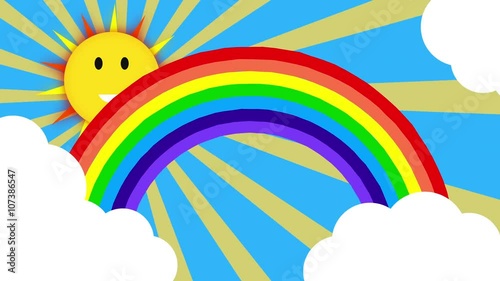 cute cartoon animation from cloudy to sunny day with colorful rainbow. last part is from sunny day to cloudy. sun rainbow and clouds in sky seamless loop.Rainbow Background 4k. photo