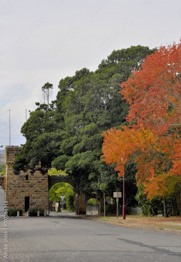 Stone gate by the Showground in Nowra, New South Wales, seen from the rear; Autumn colors 