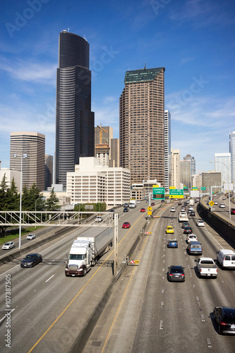 Downtown Seattle City Skyline Interstate 5 Cars Divided Highway © Christopher Boswell