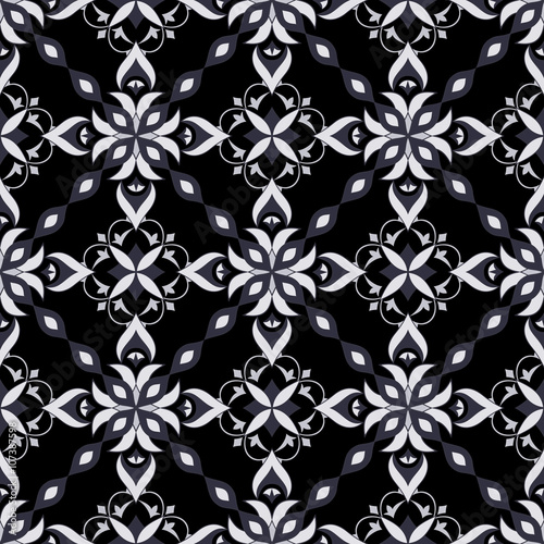 White decorative seamless texture on black.