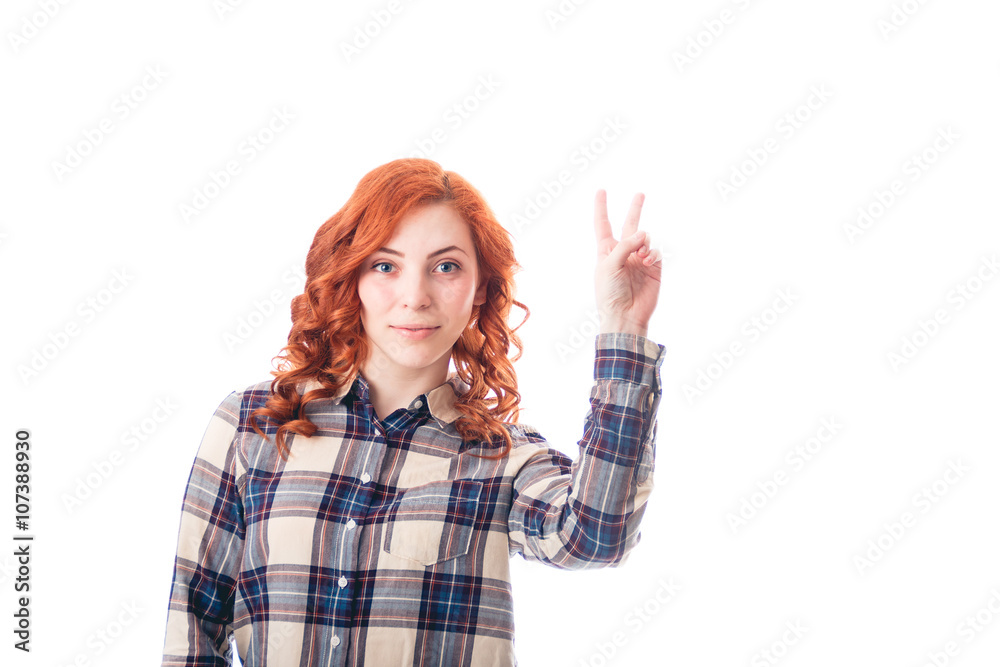 happy excited young woman showing the sign of victory happy excited young woman showing the sign of victory