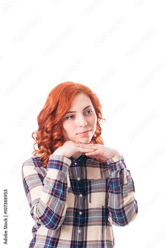 Young woman leaning on her hands, isolated over white background Young woman leaning on her hands, isolated over white background