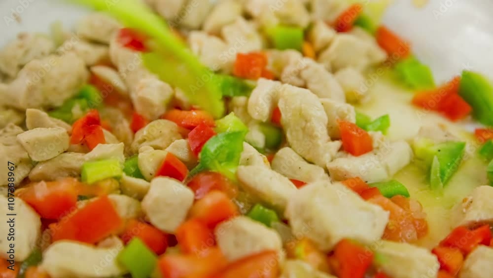 White meat with vegetables in frying pan close up White meat with vegetables in frying pan close up