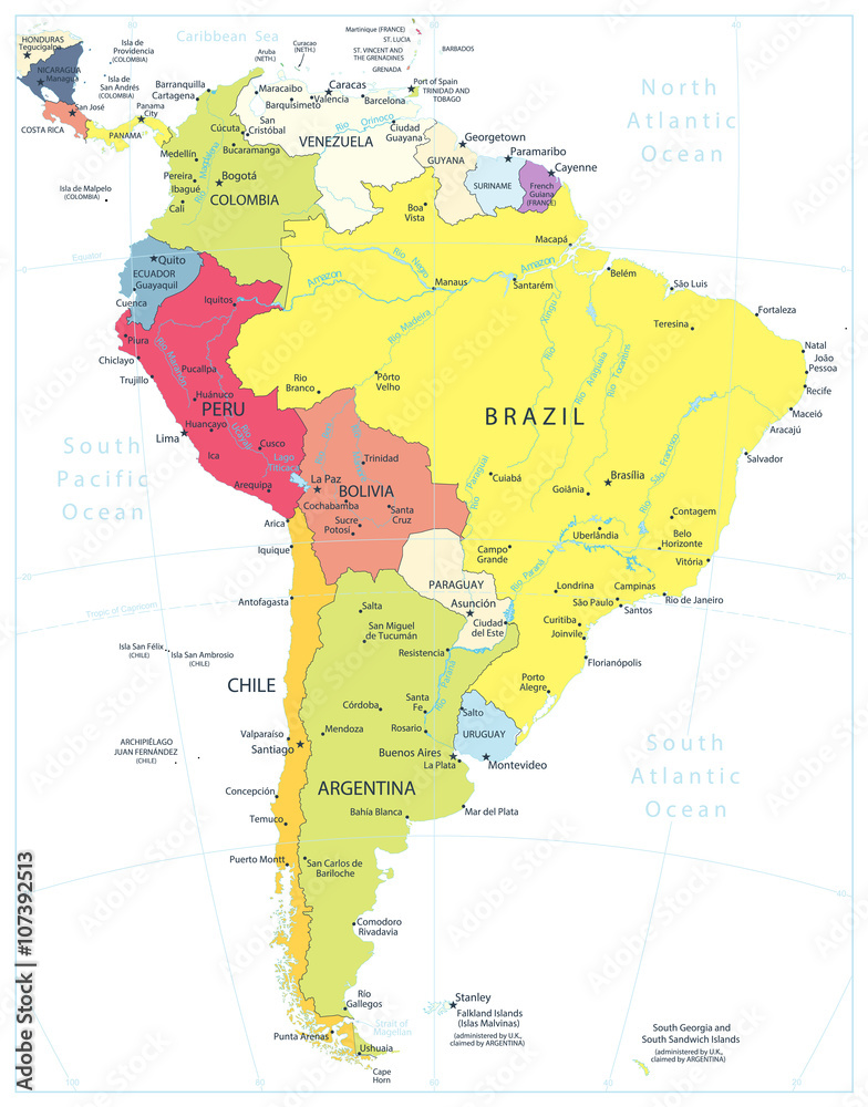 South America Detailed Political Map Isolated On White