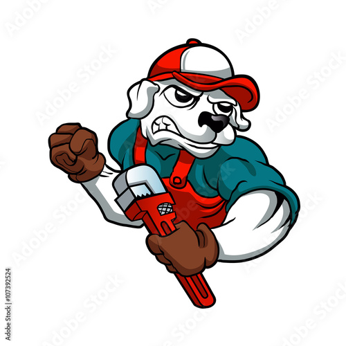 dog plumber holding a big wrench 
