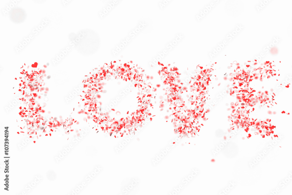 the word “love” formed by sparkling heart-shaped confetti in shades of red (3D illustration isolated on a white background)