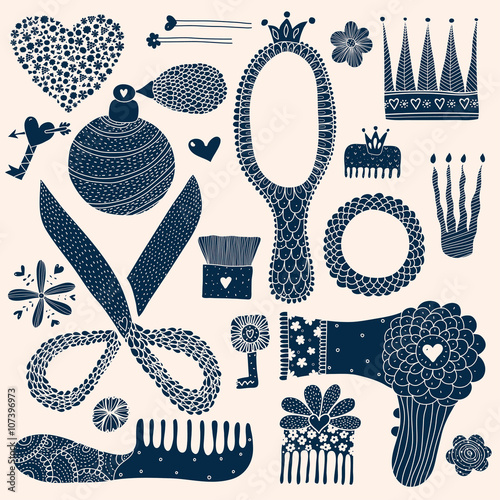 Set of cosmetics, beauty, spa and symbols collection. Cute design element for the cosmetics shop, a hairdressing salon, cosmetology center