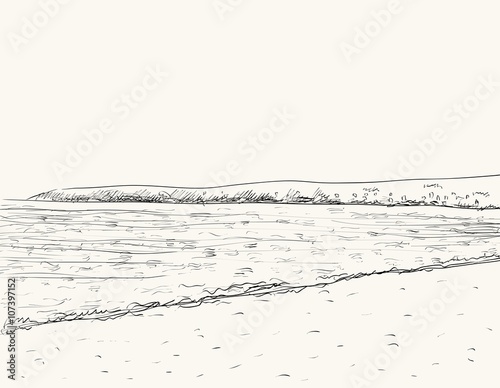 Vector summer seascape sketch. Seaside view and beach