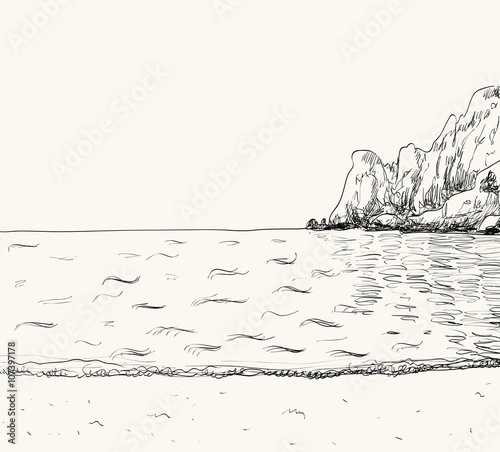 Vector summer seascape sketch.  Seaside view and mountain