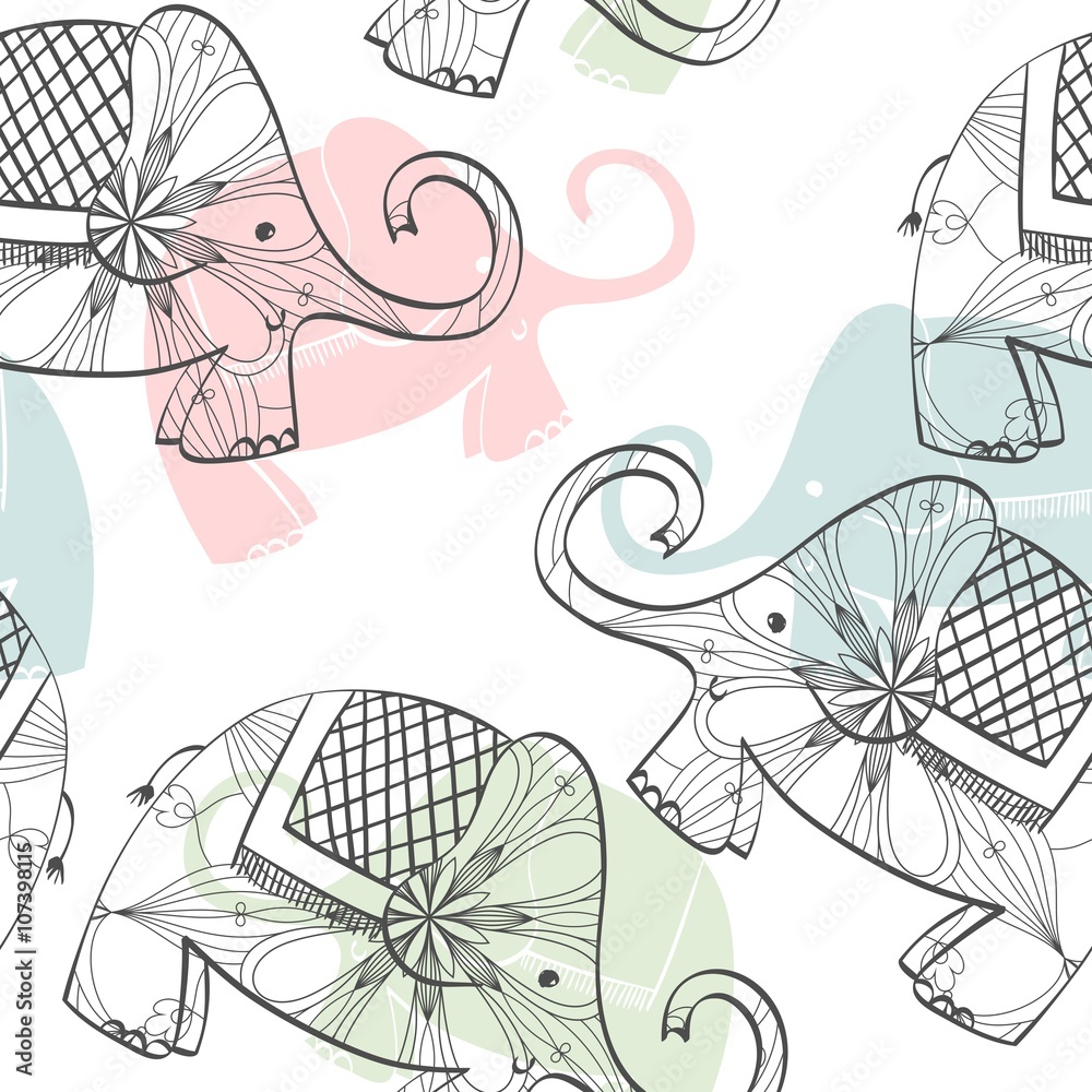 Obraz premium Hand drawn seamless pattern with cartoon elephant.