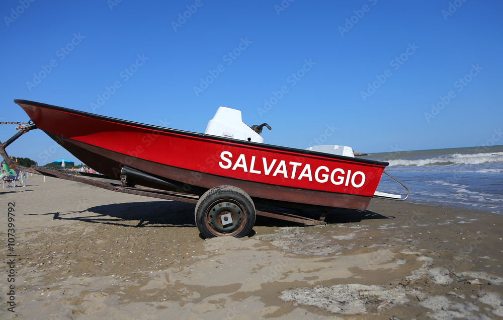 rescue boat with great written in Italian in summer rescue boat with great written in Italian in summer