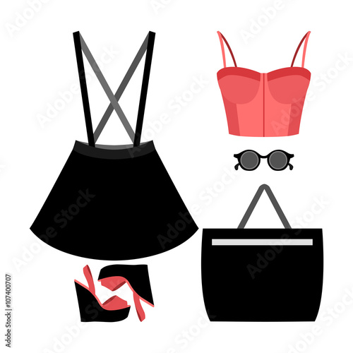 Set of trendy women's clothes with skirt, bustier top and accessories. Vector illustration