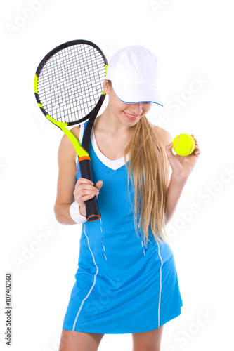 Beautiful tennis player with racket and ball on white background © Serafima