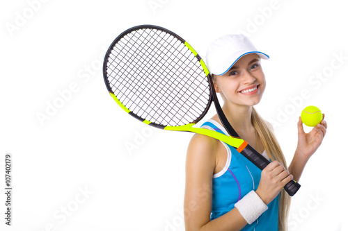 beautiful girl with tennis racket and ball on white background © Serafima