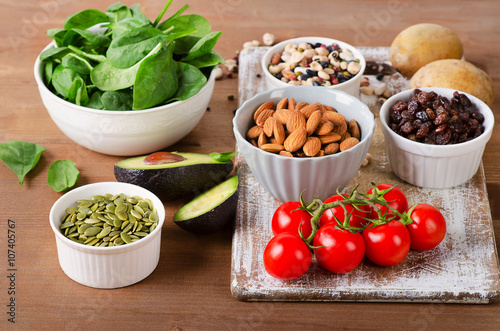 Foods containing potassium on wooden table