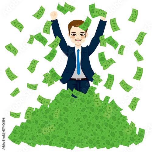 Happy super rich successful businessman raising from huge green money bills pile
