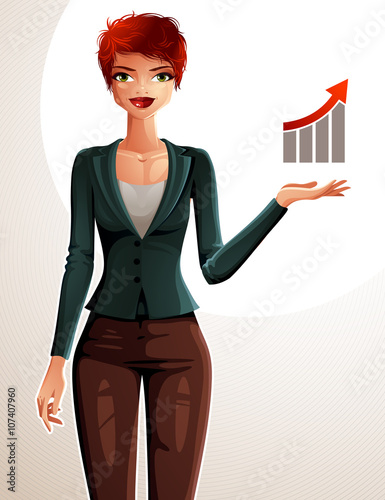 Attractive businesswoman full body portrait. Young red-haired female executive with her hand holding on a waist and showing at some finance graph with a growth arrow. 