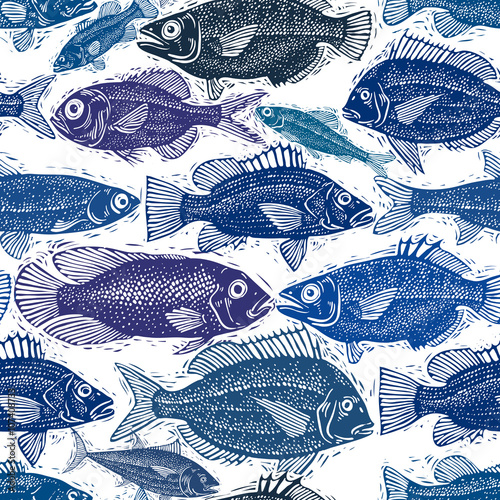 Vector seamless pattern with fishes, different species. Underwater