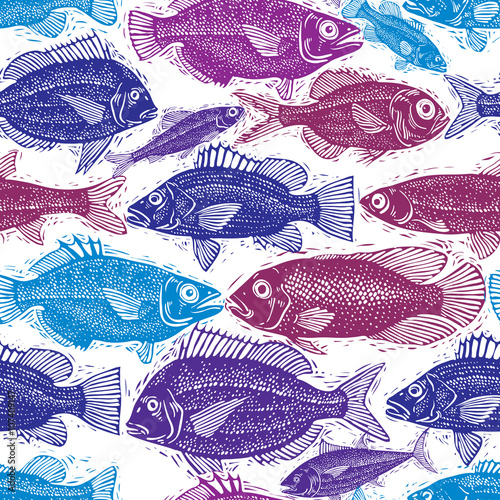 Seamless sea pattern, different fish silhouettes. Vector 