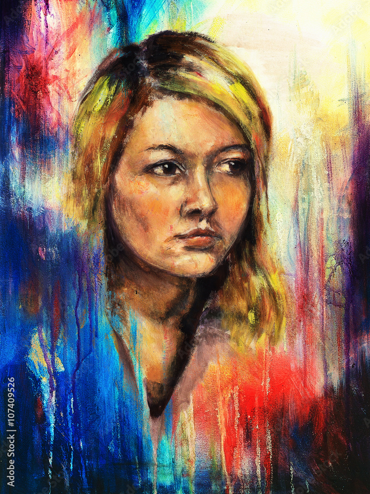art colorful painting beautiful girl face and abstract color background.
