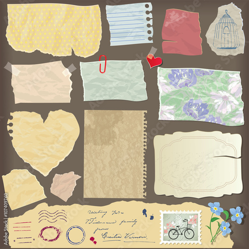Set of old paper peaces - different aged paper objects, vintage