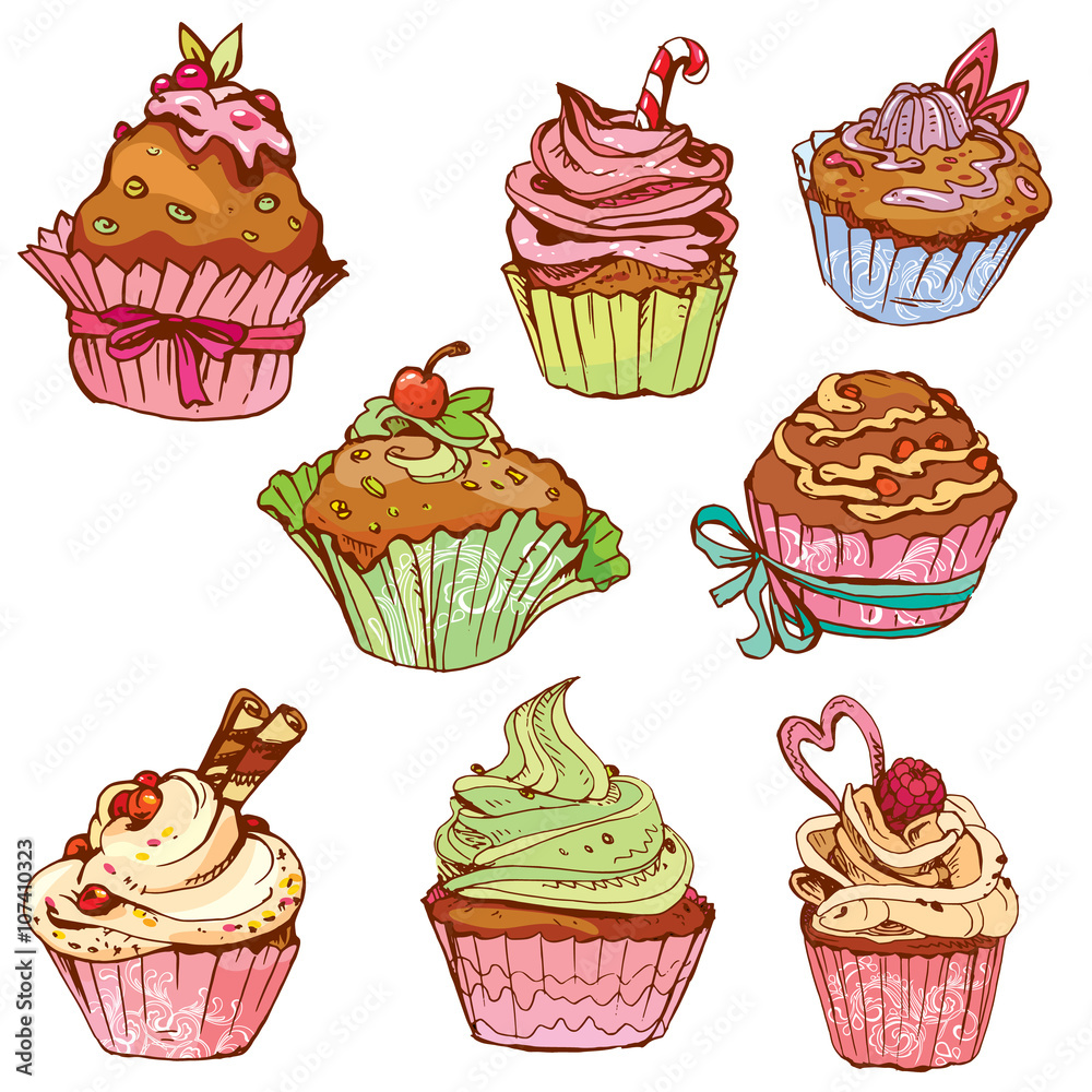 set of decorated sweet cupcakes - elements for cafe, menu, birth set of decorated sweet cupcakes - elements for cafe, menu, birth