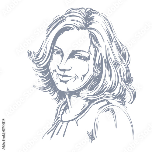 Hand-drawn portrait of white-skin smiling woman, face emotions 