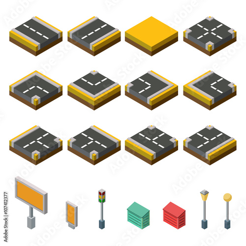 Flat 3d isometric street game tiles icons infographic concept set. Autumn city map elements