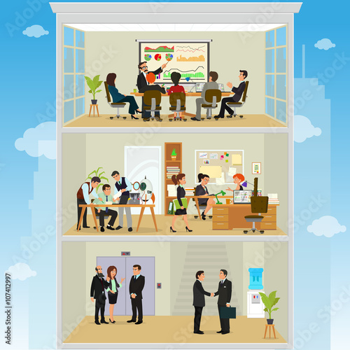 crazy office. working atmosphere in the office. coordinated work in friendly team in the office. open space office building with working people. vector illustration of a flat style.