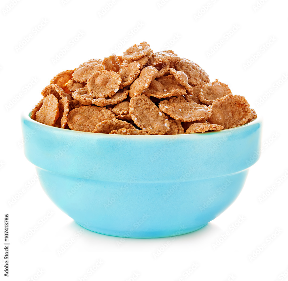 Wheat bran breakfast cereal in a bowl isolated on white background. Wheat bran breakfast cereal in a bowl isolated on white background.
